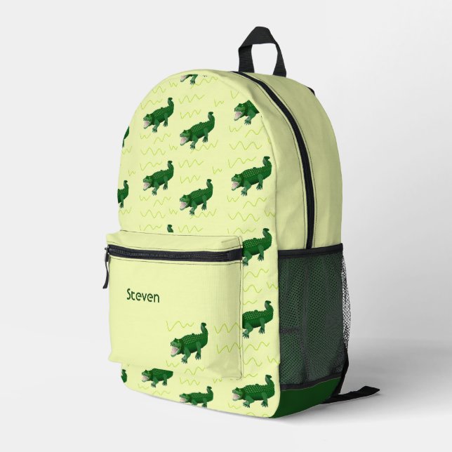 Custom name green alligator on yellow printed backpack (Back Corner Right)