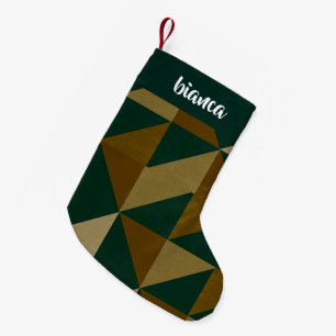 Custom name green and brown shapes small christmas stocking