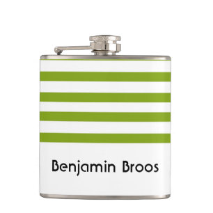 Custom name green and white stripes hip flask