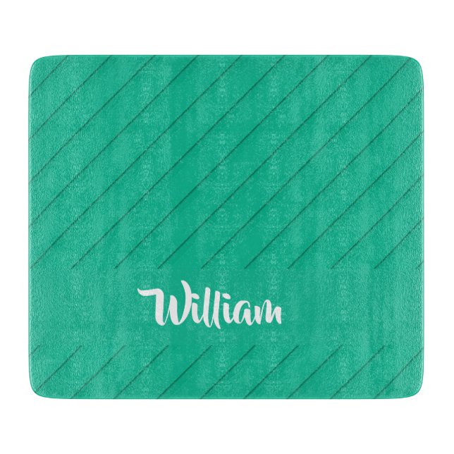 Custom name green diagonal plastic textured cutting board (Front)
