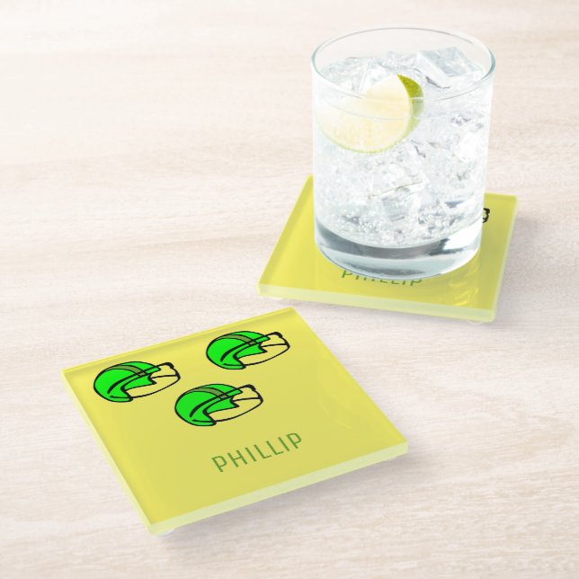 Custom name green football helmet yellow glass coaster (Angled)