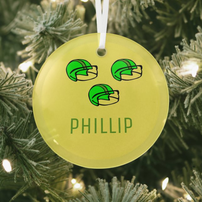 Custom name green football helmet yellow glass ornament (Insitu)