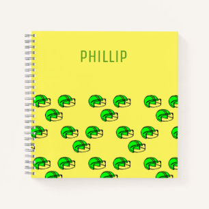 Custom name green football helmet yellow notebook