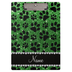 Custom name green glitter black dog paws clipboard