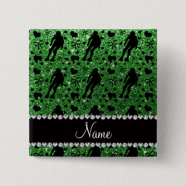 Custom name green glitter roller derby 2 inch square button (Front)