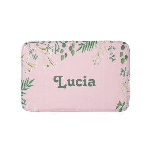 Custom name green leaves on pink bath mat