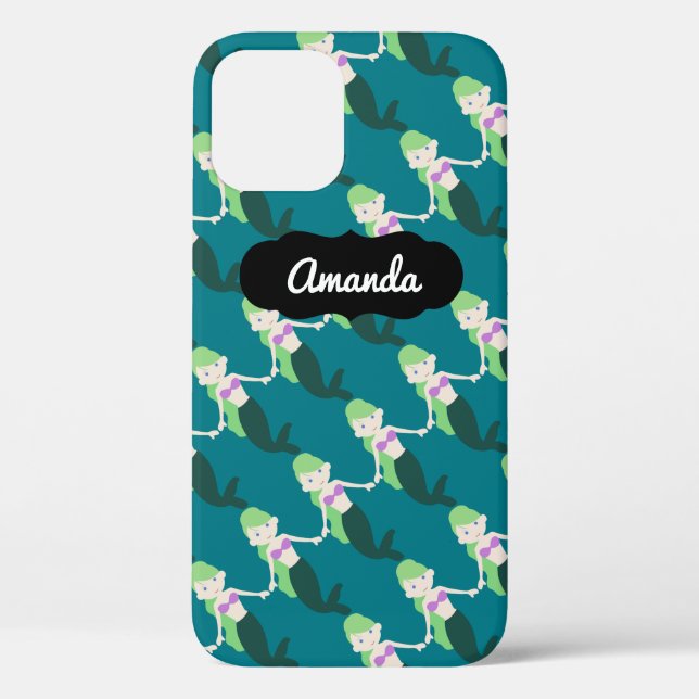Custom Name Green Mermaid iPhone 12 Case (Back)