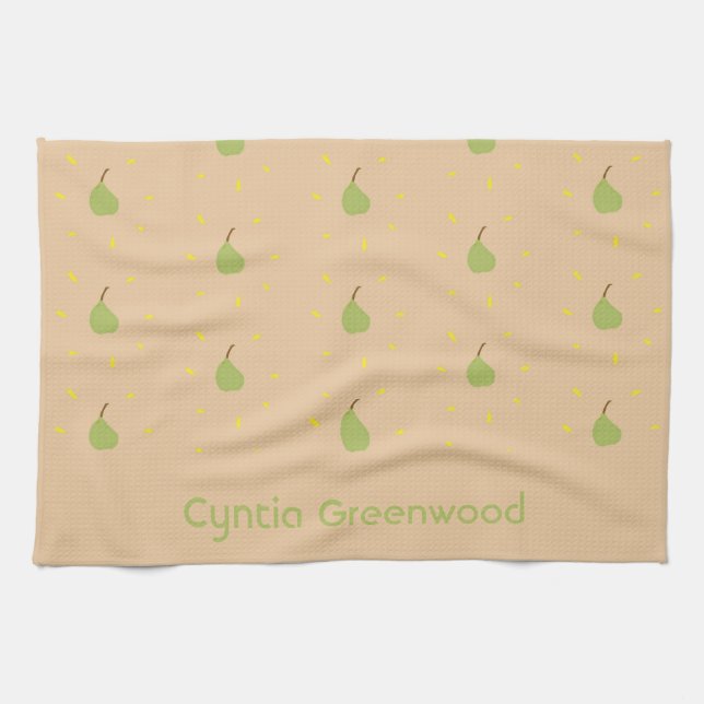 Custom name green pear pattern brown kitchen towel (Horizontal)