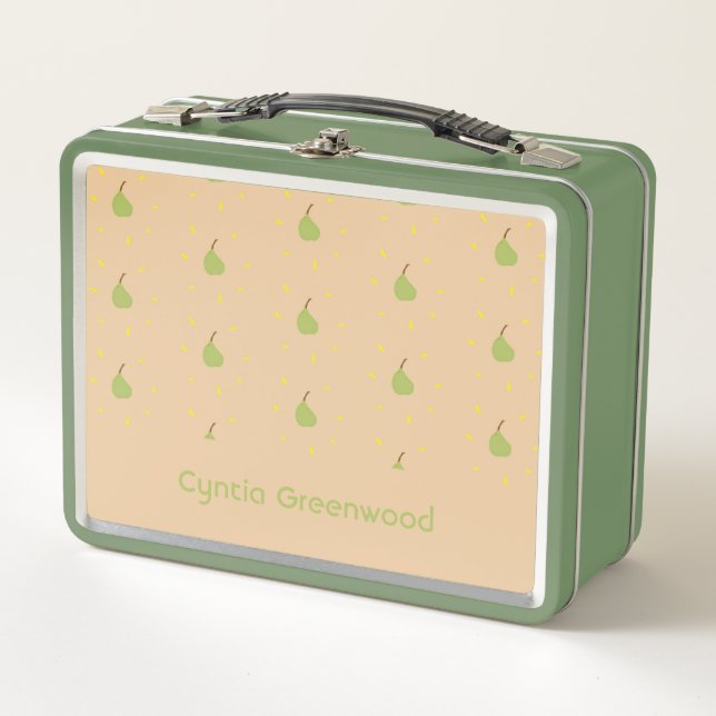 Custom name green pear pattern brown metal lunch box (Front)