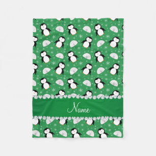 Custom name green penguins igloos snowflakes fleece blanket