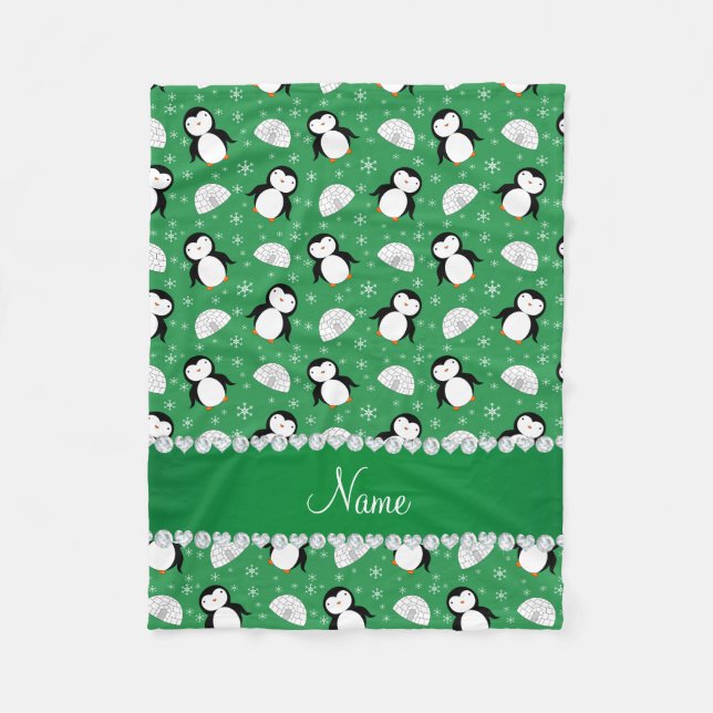 Custom name green penguins igloos snowflakes fleece blanket (Front)