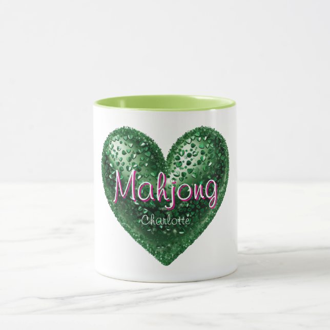 Custom Name Green Pink Glitter Heart Mahjong Mug (Center)