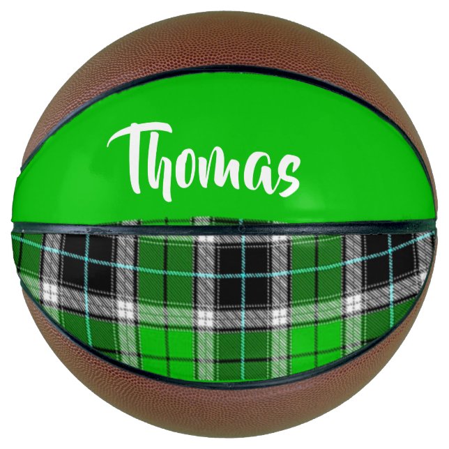 Custom name green plaid pattern basketball (Front)