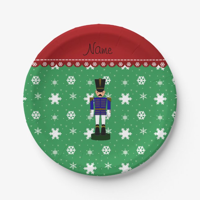 Custom name green snowflakes blue nutcracker paper plate (Front)