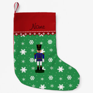 Custom name green snowflakes blue nutcracker small christmas stocking