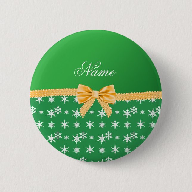 Custom name green snowflakes gold bow 2 inch round button (Front)