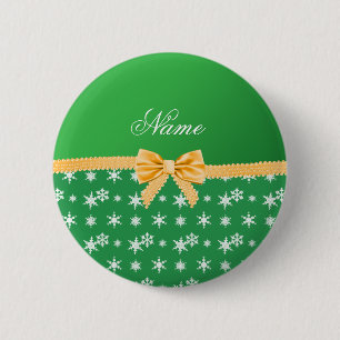 Custom name green snowflakes gold bow 2 inch round button