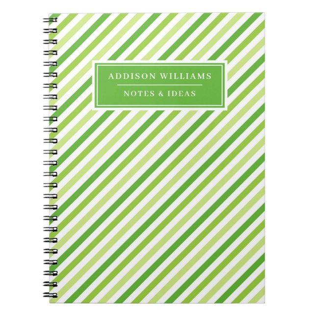 Custom Name Green Stripe Pattern Notebook (Front)