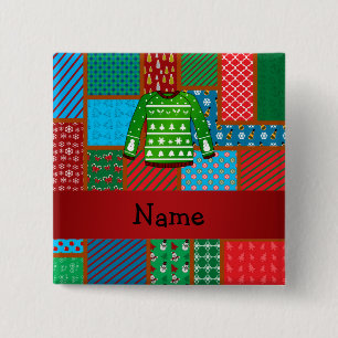 Custom name green ugly christmas sweater 2 inch square button