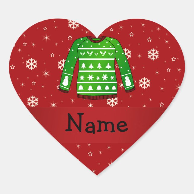 Custom name green ugly christmas sweater heart sticker (Front)