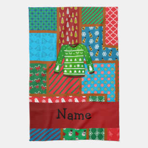 Custom name green ugly christmas sweater kitchen towel