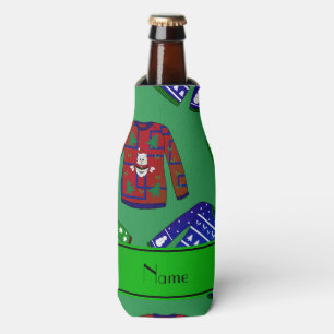 Custom name green ugly christmas sweater pattern bottle cooler