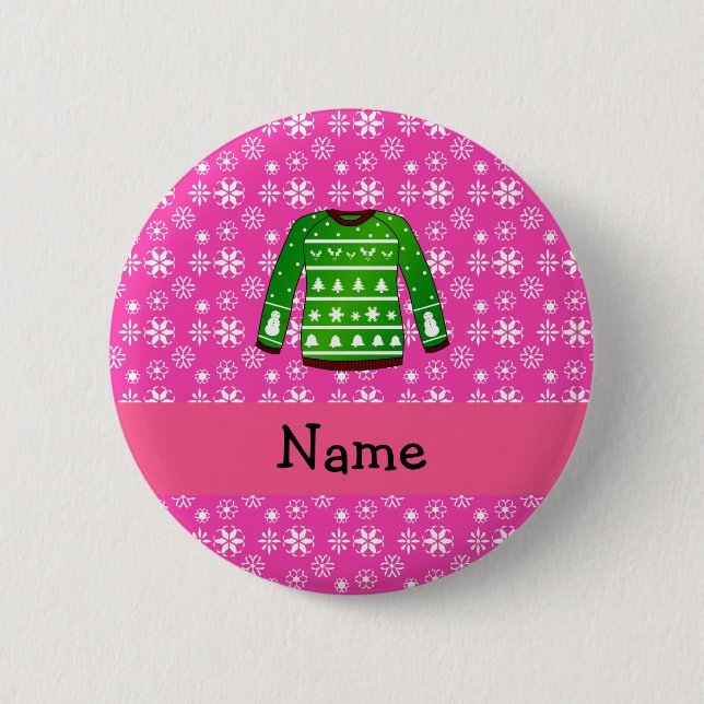 Custom name green ugly christmas sweater pink 2 inch round button (Front)