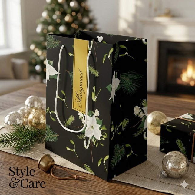 Custom Name Green White Floral Medium Gift Bag Des (Custom Name Green White Floral Medium Gift Bag Design)