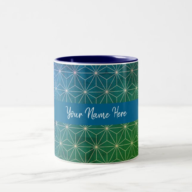 Custom Name Greenleaf Laser Green Blue Two-Tone Coffee Mug (Center)