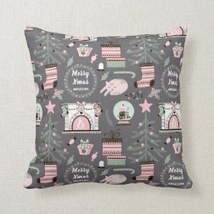 Custom Name & Greeting Cozy Christmas Pattern Throw Pillow