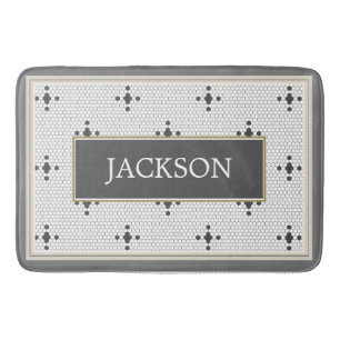 Custom Name Grey 4-pointed star Faux Hexagon Tile Bath Mat