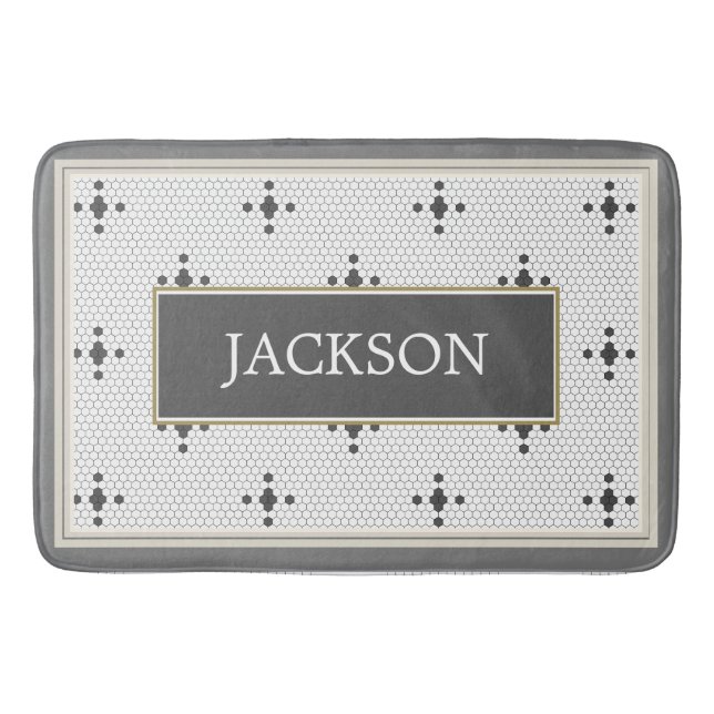 Custom Name Grey 4-pointed star Faux Hexagon Tile Bath Mat (Front)