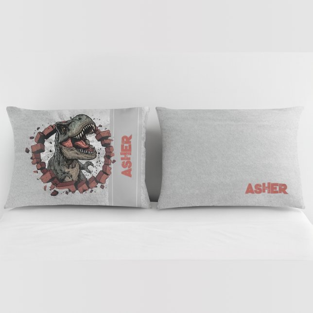 Custom Name Grey Boys Dinosaur Roaring T-Rex Pillowcase (Creator Uploaded)