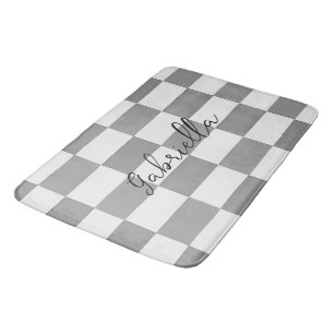 Custom name grey check blocks pattern bath mat