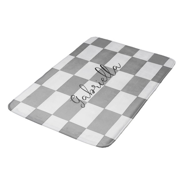 Custom name grey check blocks pattern bath mat (Angled)