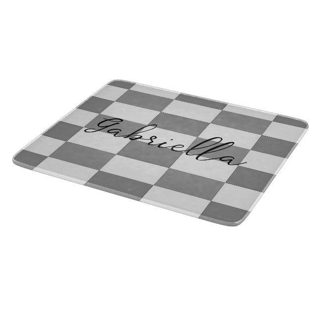 Custom name grey check blocks pattern cutting board (Corner)