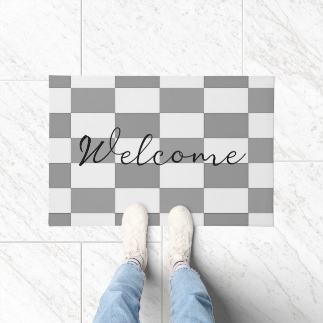 Custom name grey check blocks pattern doormat (Indoor)