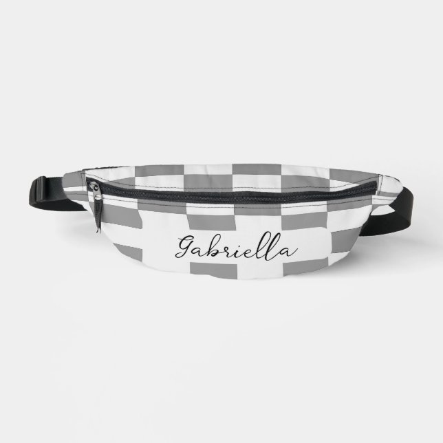 Custom name grey check blocks pattern fanny pack (Front)