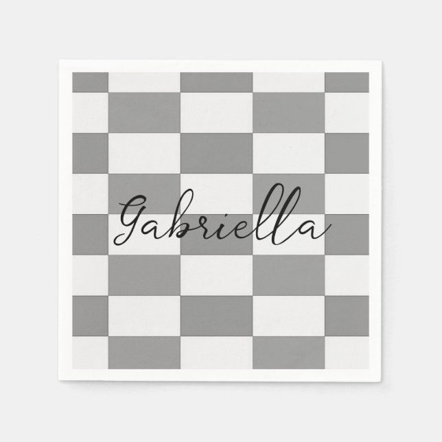 Custom name grey check blocks pattern napkin (Front)