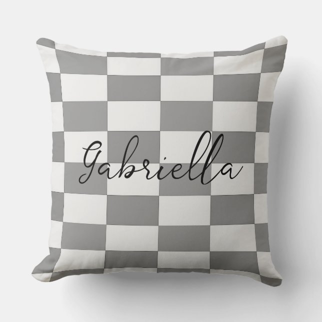 Custom name grey check blocks pattern throw pillow (Front)