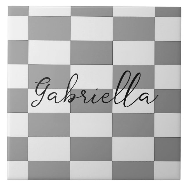 Custom name grey check blocks pattern tile (Front)