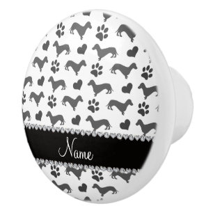 Custom name grey dachshunds hearts paws ceramic knob