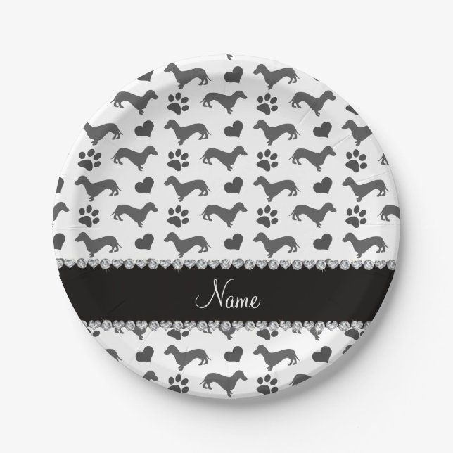 Custom name grey dachshunds hearts paws paper plate (Front)