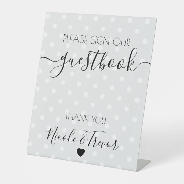 Custom Name Grey Dots Calligraphy Sign Guestbook (Front)