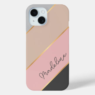 Custom Name Grey Pastel Coral Blush Pink Stripe iPhone 15 Case
