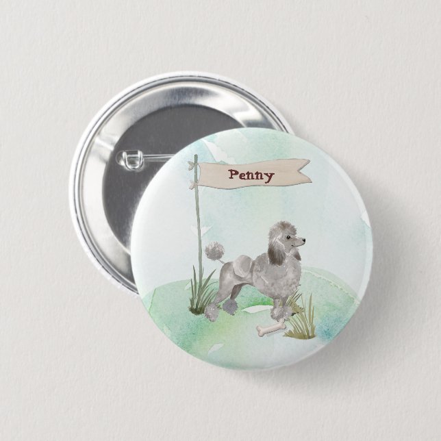 Custom Name Grey Poodle Pet Dog 2 Inch Round Button (Front & Back)