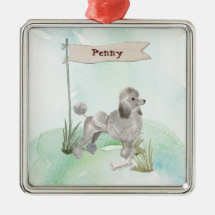 Custom Name Grey Poodle Pet Dog Metal Ornament