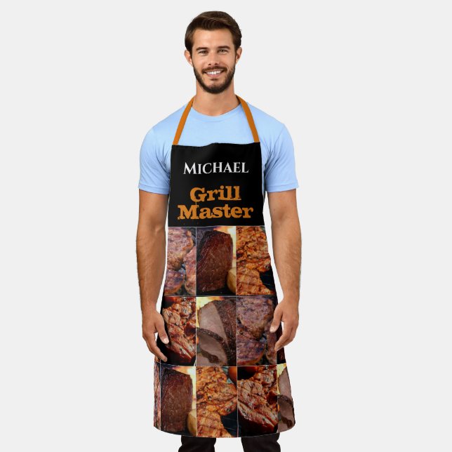 Custom Name Grill Master BBQ Barbecue Meat Black Apron (Worn)