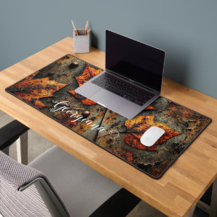Custom Name Grungy Autumnal Industrial Leaves Desk Mat