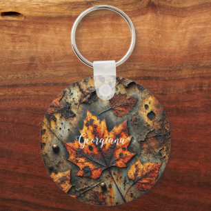 Custom Name Grungy Autumnal Industrial Leaves Keychain
